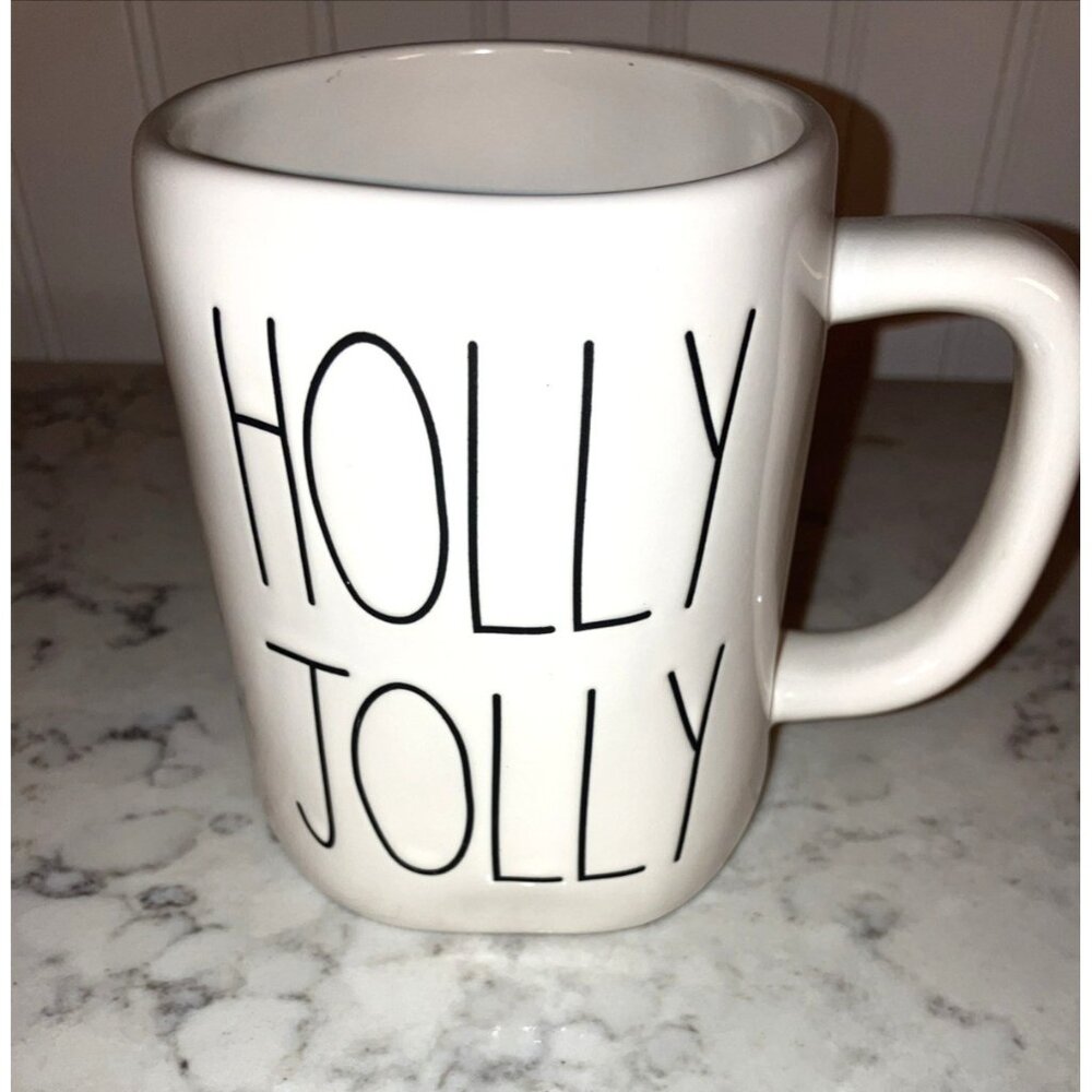 Rae Dunn HOLLY JOLLY Mug 213 Double Sided Green Wreath on Back